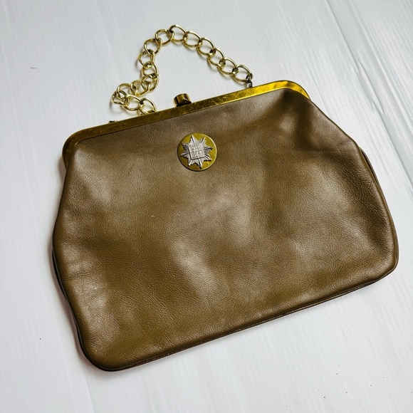 Vintage Roger Van S. Elegant Brown Leather Clutch with Gold Chain - Picture 1 of 10